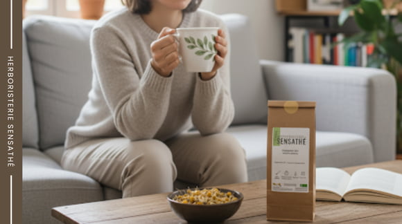 Femme avec des nausées en train de boire une tisane à base d'anti vomitifs naturels - Herboristerie Sensathé
